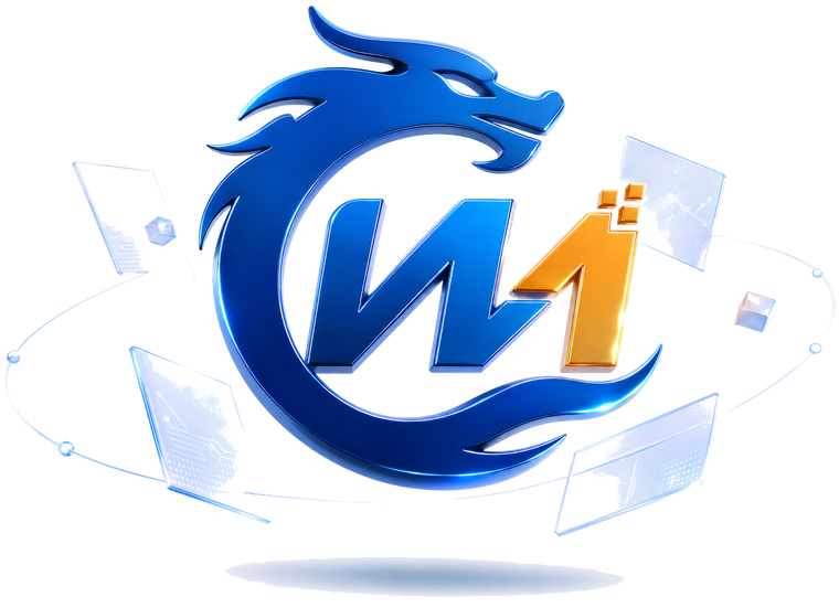 The Wumenglongxiang brand mark: a blue dragon coiled into a ring around a blue W and an orange pixel-topped i